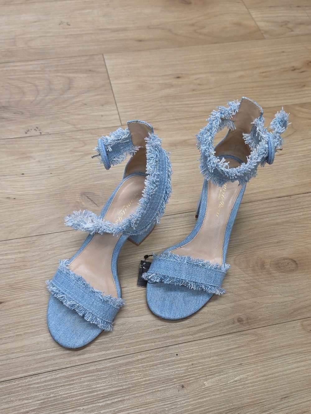 Gianvito Rossi Light Blue Frayed Denim Ankle-Strap Heels